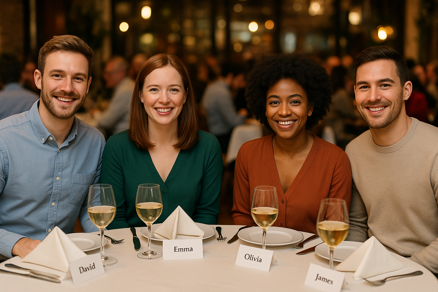 Happy guests seated with name cards